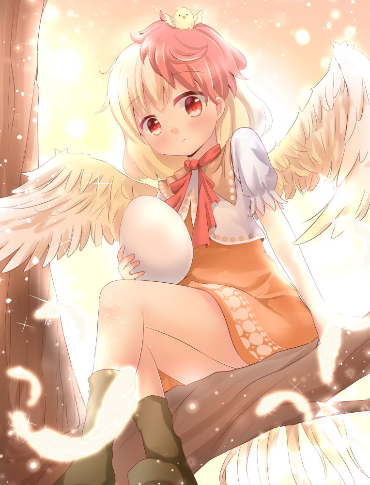 1girl arm_support backlighting bird bird_tail bird_wings blonde_hair blush boots brown_dress brown_footwear chick dress egg expressionless feathered_wings feathers head_tilt holding_egg in_tree layered_dress looking_at_viewer multicolored_hair neck_ribbon niwatari_kutaka outdoors puffy_short_sleeves puffy_sleeves red_eyes red_neckwear redhead ribbon short_hair short_sleeves solo sparkle touhou tree tree_branch two-tone_hair umi_suzume wings