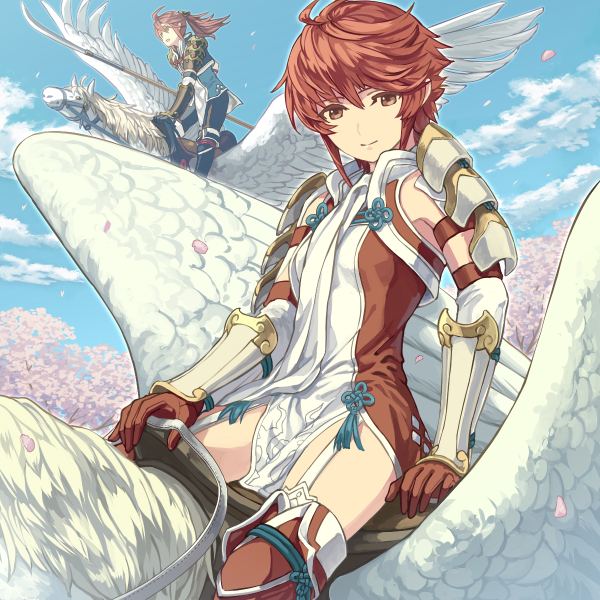 1boy 1girl arm_strap boots brown_eyes closed_mouth day detached_sleeves dress fire_emblem fire_emblem_if garter_straps gloves hair_between_eyes hinata_(fire_emblem_if) hinoka_(fire_emblem_if) holding holding_spear holding_weapon long_hair long_sleeves looking_at_viewer mooncanopy naginata outdoors pegasus pegasus_knight petals polearm ponytail red_footwear red_gloves redhead riding short_dress short_hair side_slit smile solo_focus spear thigh-highs thigh_boots weapon