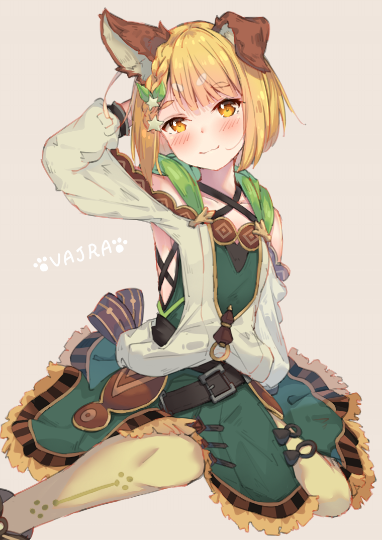 1girl animal_ears arm_up bangs belt blonde_hair blush braid character_name closed_mouth collarbone dog_ears eip_(pepai) erune eyebrows_visible_through_hair granblue_fantasy green_skirt grey_background hair_ornament leaf_hair_ornament long_sleeves looking_at_viewer pantyhose paw_print short_hair simple_background single_braid sitting skirt smile solo star star_hair_ornament vajra_(granblue_fantasy) yellow_legwear