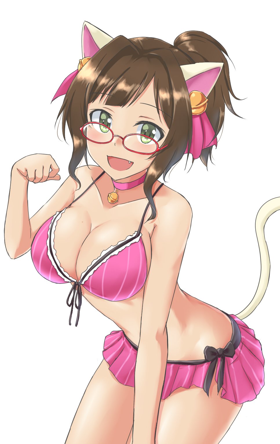 1girl :d aimobake animal_ears bare_arms bare_shoulders bell bikini bikini_skirt breasts brown_hair cat_ears cat_girl cat_tail choker collarbone commentary_request cowboy_shot fang front-tie_bikini front-tie_top glasses green_eyes hair_intakes hand_up highres idolmaster idolmaster_cinderella_girls jingle_bell large_breasts leaning_forward long_hair looking_at_viewer maekawa_miku mole mole_on_breast open_mouth pink_bikini pink_choker ponytail red-framed_eyewear sidelocks simple_background smile solo standing stomach striped striped_bikini swimsuit tail thighs white_background