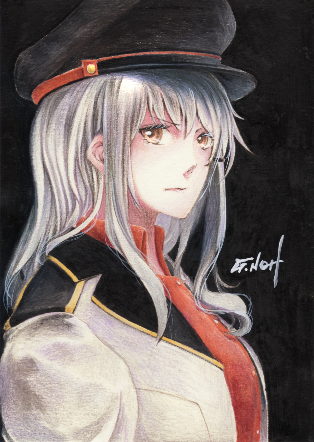 1girl black_background collared_shirt commentary_request epaulettes facial_scar flat_cap gangut_(kantai_collection) grey_hair hat highres jacket kantai_collection long_hair military military_hat military_jacket military_uniform millipen_(medium) open_collar orange_eyes peaked_cap red_shirt scar scar_on_cheek shirt signature solo tesun_(g_noh) traditional_media uniform upper_body watercolor_pencil_(medium) white_jacket
