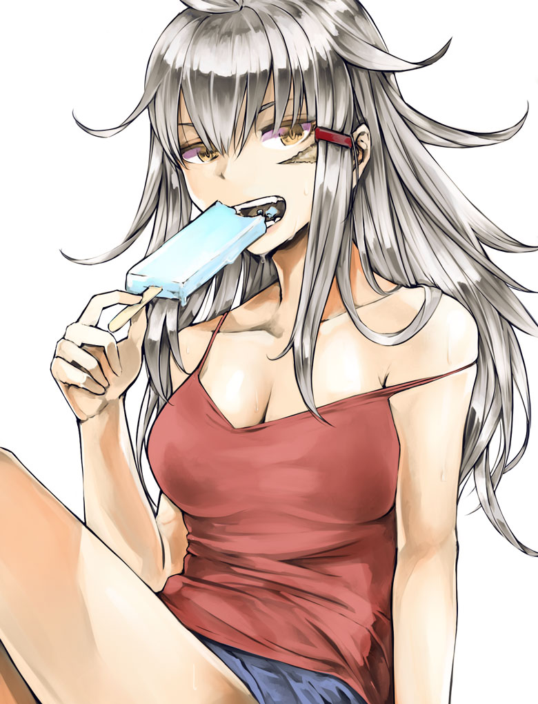 1girl alternate_costume breasts commentary_request eating facial_scar food gangut_(kantai_collection) hair_between_eyes ice_cream kantai_collection kurou_(bcrow) large_breasts long_hair looking_at_viewer orange_eyes popsicle red_shirt scar scar_on_cheek shirt short_shorts shorts silver_hair sitting solo