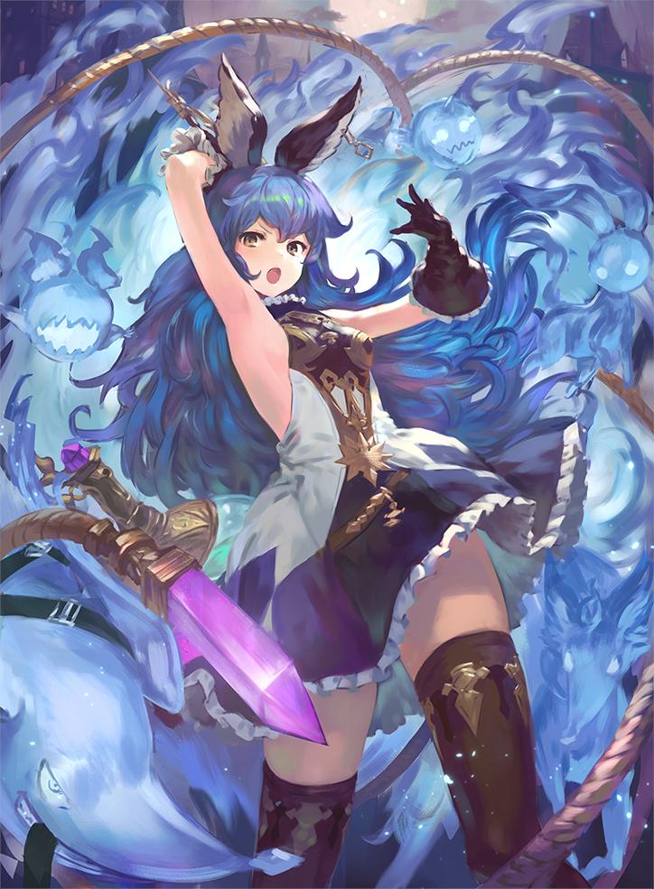 1girl animal_ears armpits backless_outfit bare_back belt black_gloves blue_hair blue_skirt breasts brown_eyes brown_gloves cape earrings erune ferry_(granblue_fantasy) gloves granblue_fantasy hoop_earrings jewelry long_hair looking_at_viewer loose_belt rabbit_ears single_earring skirt small_breasts solo wasabi60 wavy_hair weapon whip yellow_eyes