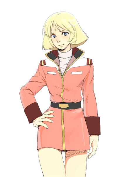 1girl blonde_hair blue_eyes cowboy_shot gundam hand_on_hip hirodo military military_uniform mobile_suit_gundam sayla_mass short_hair smile solo traditional_media turtleneck uniform