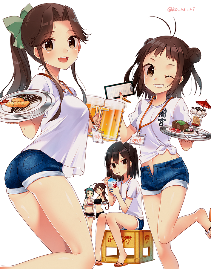 5girls alcohol alternate_costume antenna_hair aqua_hair ass bangs bare_shoulders beer beer_mug bikini blush breasts brown_eyes brown_hair closed_mouth collarbone commentary_request cup denim denim_shorts dessert double_bun eating eyebrows_visible_through_hair flip-flops food from_above hair_between_eyes hair_intakes hair_ribbon half_updo holding holding_cup holding_pen holding_tray irako_(kantai_collection) jacket jintsuu_(kantai_collection) kantai_collection koruri large_breasts long_hair looking_at_viewer mamiya_(kantai_collection) medium_breasts multiple_girls naka_(kantai_collection) one_eye_closed open_mouth pen ponytail red_eyes ribbon sandals see-through_silhouette sendai_(kantai_collection) shirt shorts simple_background smile standing sweat swimsuit swimsuit_under_clothes tray twitter_username two_side_up white_background