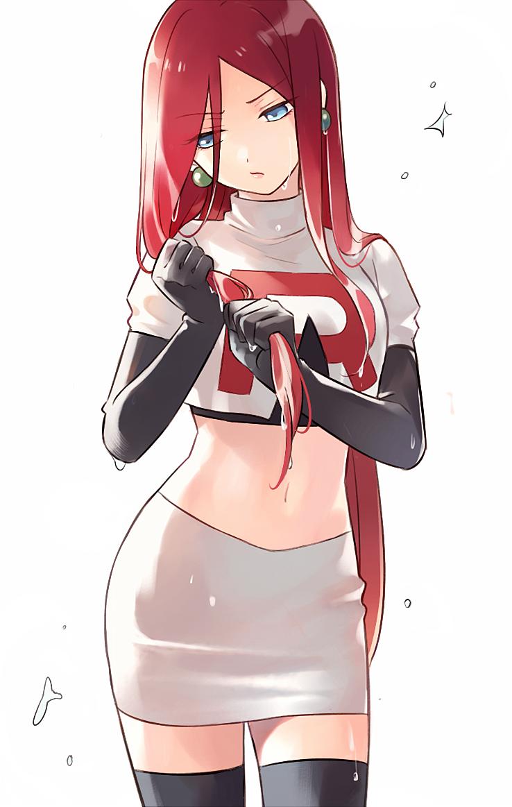 1girl alternate_hairstyle bangs black_legwear breasts closed_mouth cowboy_shot earrings elbow_gloves eyebrows_visible_through_hair gloves hair_down jewelry long_hair looking_down musashi_(pokemon) navel pokemon pokemon_(anime) redhead shirt simple_background solo standing team_rocket team_rocket_uniform thigh-highs usao_(313131) water water_drop wet wet_clothes wet_hair wet_shirt white_background wringing_hair