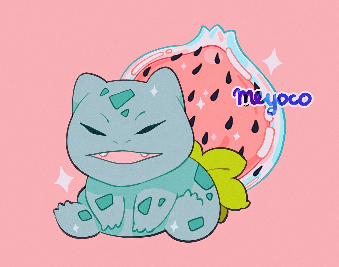 1other artist_name bulbasaur closed_eyes creatures_(company) fangs food fruit game_freak gen_1_pokemon meyoco nintendo no_humans olm_digital open_mouth pink_background pokemon pokemon_(creature) seed_(pokemon) simple_background sitting sparkle watermelon