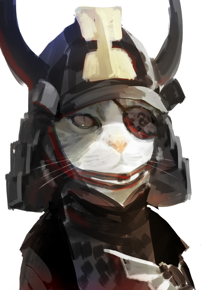 animal armor brown_eyes cat closed_mouth eyepatch fur helmet japanese_armor no_humans original red_eyepatch shaded_face simple_background sketch slit_pupils solo victor_bang whiskers white_background white_fur