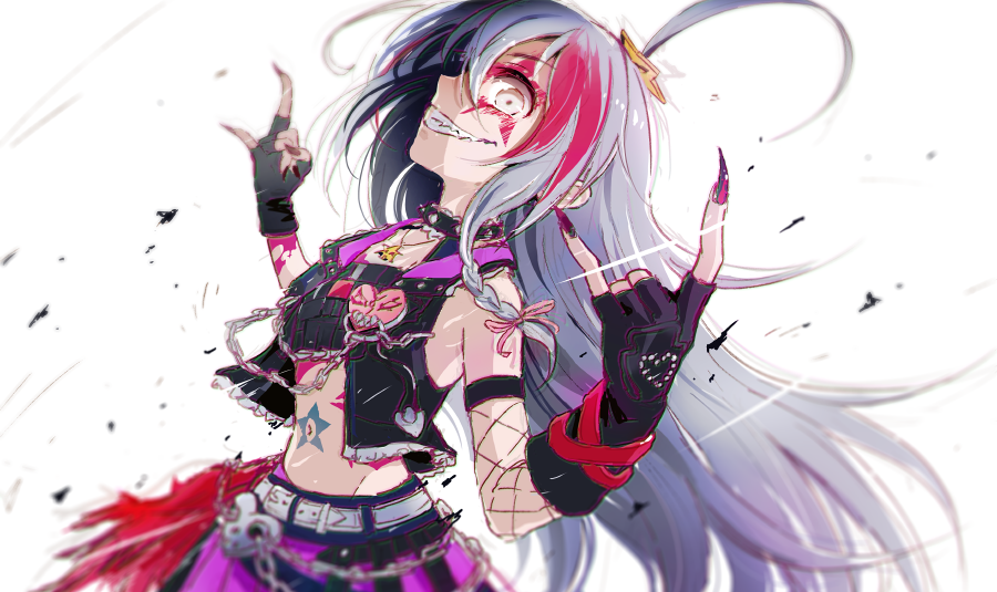 1girl \m/ ahoge braid chain choker facepaint fingerless_gloves fingernails gloves grey_eyes grey_hair grin hoshi_shouko idolmaster idolmaster_cinderella_girls jewelry long_fingernails long_hair looking_at_viewer midriff navel omisoshiru pendant sharp_teeth sleeveless_jacket smile teeth