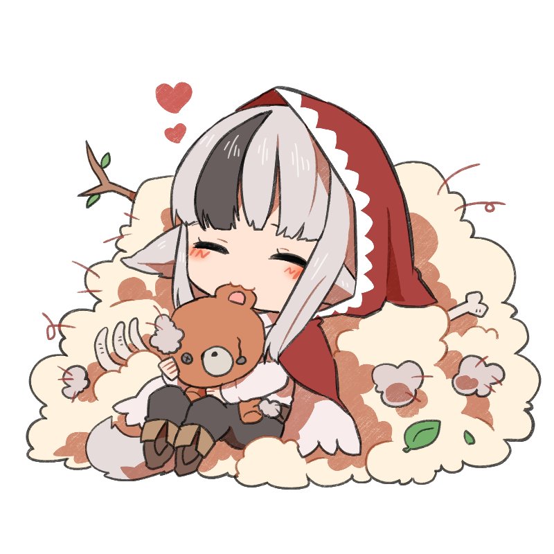 1girl animal_ears black_hair bone branch chibi closed_eyes fire_emblem fire_emblem_if grey_hair holding hood hood_up leaf long_sleeves multicolored_hair pants shunrai simple_background sitting solo streaked_hair stuffed_animal stuffed_toy tail teddy_bear velour_(fire_emblem_if) white_background wolf_ears wolf_tail