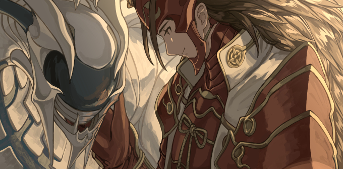 1boy brown_hair fire_emblem fire_emblem_if from_side headpiece long_hair mooncanopy profile ryouma_(fire_emblem_if) shiny shiny_hair shoulder_armor smile upper_body very_long_hair