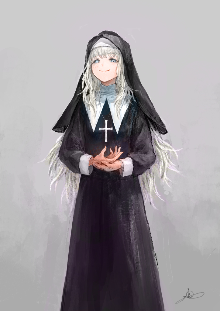 1girl blonde_hair blue_eyes blush closed_mouth commentary cross habit io_(io_oekaki) long_hair long_sleeves looking_at_viewer nun original platinum_blonde_hair signature smile solo standing