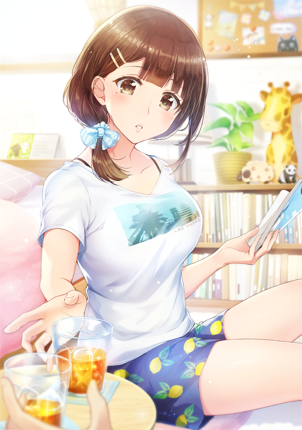 1girl blue_bow blue_shorts blurry blurry_background blurry_foreground blush book bookshelf bow breasts brown_eyes brown_hair collarbone commentary corkboard cup depth_of_field drink drinking_glass highres holding holding_book indoors large_breasts looking_at_viewer medium_hair mole mole_under_eye mono_lith original parted_lips plant potted_plant pov pov_hands print_shirt shirt short_sleeves shorts sitting stuffed_animal stuffed_giraffe stuffed_toy thighs white_shirt