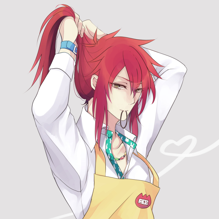 1boy adjusting_hair arms_up grey_background idolmaster idolmaster_side-m jewelry long_hair looking_at_viewer male_focus mouth_hold necklace red_eyes redhead sanjou_gorou simple_background solo tying_hair