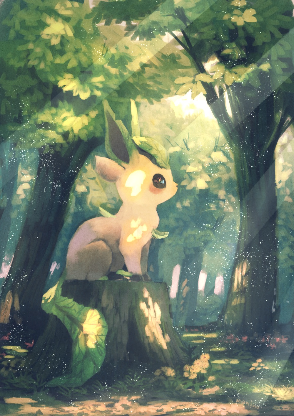 commentary dappled_sunlight flower forest from_side gen_4_pokemon highres leafeon light_rays manino_(mofuritaionaka) nature no_humans pokemon pokemon_(creature) profile signature solo sunbeam sunlight symbol_commentary tree tree_stump