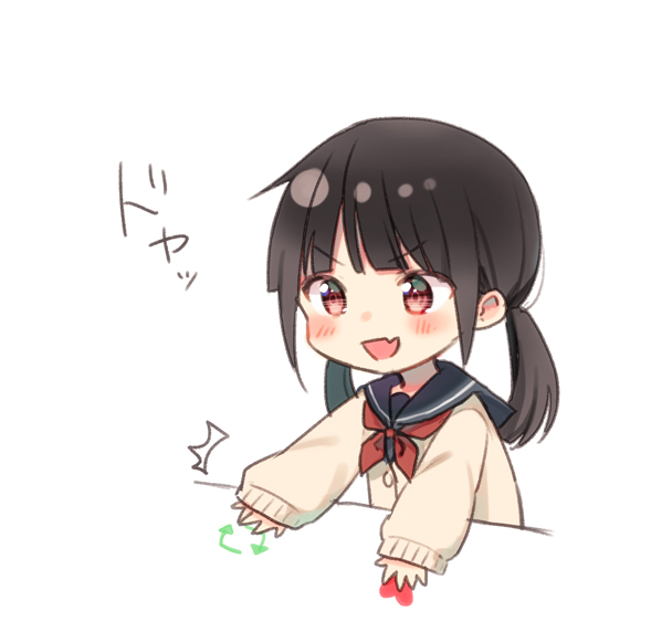 /\/\/\ 1girl :d bangs black_sailor_collar blush bongo_cat brown_cardigan brown_hair cardigan chibi commentary_request directional_arrow doyagao eyebrows_visible_through_hair fang heart long_hair long_sleeves low_twintails meme midorikawa_you neckerchief open_mouth original red_eyes red_neckwear sailor_collar school_uniform serafuku simple_background sleeves_past_wrists smile smug solo translated twintails twitter upper_body v-shaped_eyebrows white_background