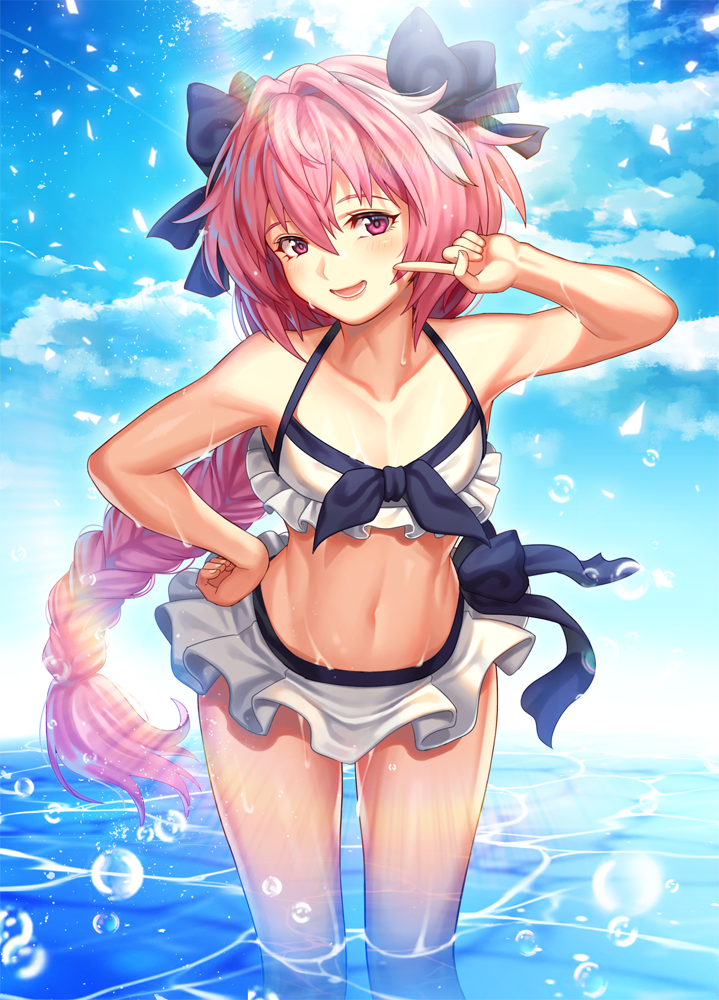 1boy astolfo_(fate) bare_arms bare_shoulders bikini bikini_skirt blue_sky blush bow braid commentary_request day fate/grand_order fate_(series) hair_between_eyes hair_bow hair_ornament in_water kamesu long_hair looking_at_viewer male_focus navel otoko_no_ko outdoors pink_hair single_braid sky swimsuit violet_eyes water