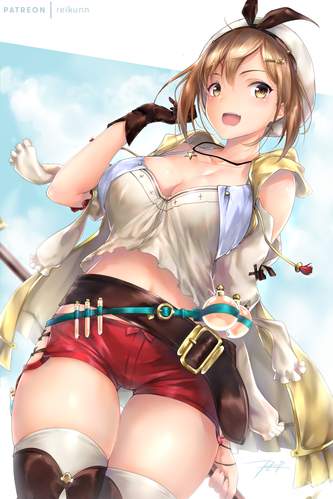 1girl :d atelier_(series) atelier_ryza bangs belt blush breasts brown_eyes brown_gloves brown_hair cowboy_shot gloves hair_ornament hairclip hand_up hat holding holding_staff hooded_vest jewelry looking_at_viewer midriff necklace open_clothes open_mouth open_vest red_shorts rei_kun reisalin_stout round-bottom_flask short_hair short_shorts shorts sidelocks signature skindentation smile solo staff star thigh-highs thighs vest white_headwear yellow_vest