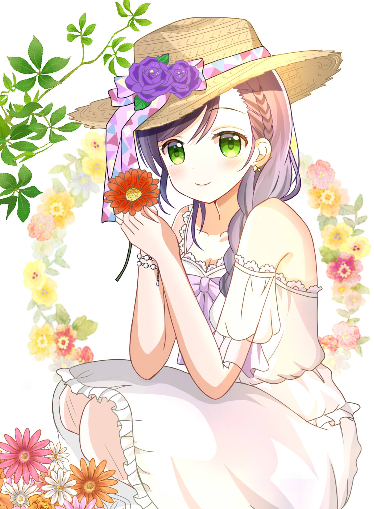 1girl bangs bare_shoulders bow braid brown_flower brown_headwear closed_mouth commentary_request dress earrings eyebrows_visible_through_hair floral_background flower frilled_dress frills green_eyes hair_between_eyes hair_over_shoulder hat hat_flower highres holding holding_flower jewelry long_hair love_live! love_live!_school_idol_project puffy_short_sleeves puffy_sleeves purple_bow purple_flower purple_hair purple_rose red_flower revision rose ryoutan see-through see-through_sleeves short_sleeves single_braid smile solo squatting sun_hat toujou_nozomi white_background white_dress white_flower