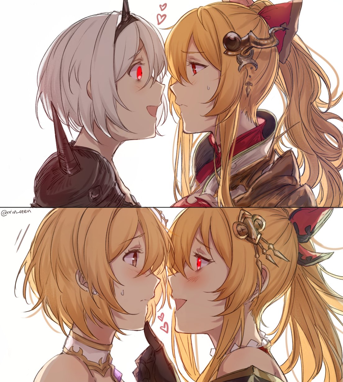 2girls alternate_costume alternate_eye_color bare_shoulders blonde_hair blush bow brown_eyes djeeta_(granblue_fantasy) empty_eyes gloves glowing glowing_eyes granblue_fantasy hair_bow hair_ornament hand_on_another's_chin heart highres looking_at_another multiple_girls open_mouth ponytail simple_background smile sweatdrop the_glory upper_body vira_lilie white_background yandere yellow_eyes yukari_(bryleluansing) yuri