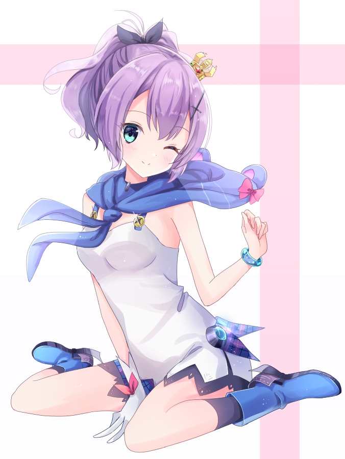 1girl ;) azur_lane bangs between_legs black_legwear black_ribbon blue_footwear blush boots breasts camisole closed_mouth commentary_request crown eyebrows_visible_through_hair full_body gloves green_eyes hair_between_eyes hair_ribbon hand_between_legs hand_up head_tilt high_ponytail javelin_(azur_lane) kneehighs mini_crown one_eye_closed plaid plaid_skirt ponytail purple_skirt ribbon see-through sidelocks single_glove sitting skirt small_breasts smile solo suzume_anko tilted_headwear violet_eyes wariza white_camisole white_gloves