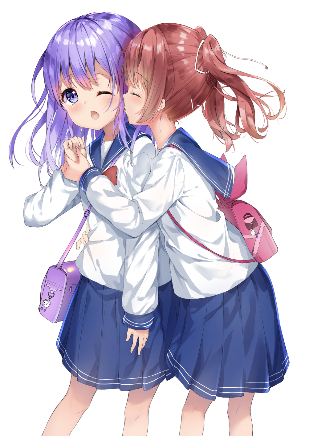 2girls backpack bag bangs blue_sailor_collar blue_skirt bow bowtie brown_hair chestnut_mouth closed_eyes commentary_request eyebrows_visible_through_hair hair_between_eyes hair_ribbon highres long_hair long_sleeves multiple_girls one_eye_closed open_mouth original pleated_skirt purple_hair red_neckwear ribbon sailor_collar shiraki_shiori shirt shoulder_bag simple_background skirt tongue tongue_out twintails violet_eyes white_background white_ribbon white_shirt wrist_grab yuri