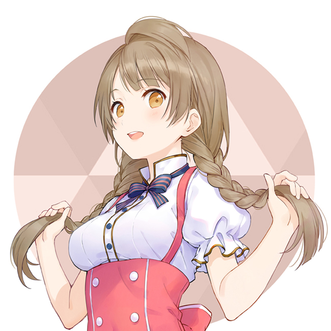 1girl bangs black_bow bow braid breasts brown_eyes brown_hair collared_shirt dress_shirt eyebrows_visible_through_hair holding holding_hair long_hair looking_at_viewer love_live! love_live!_school_idol_project low_twintails medium_breasts minami_kotori open_mouth puffy_short_sleeves puffy_sleeves red_skirt rio_(9251843) shirt short_sleeves skirt solo striped striped_bow suspender_skirt suspenders twin_braids twintails upper_body upper_teeth white_shirt