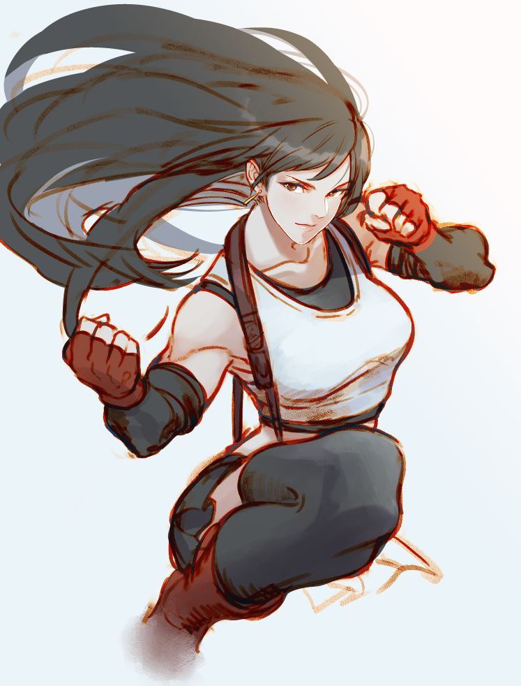 1girl black_hair clenched_hands collarbone earrings elbow_gloves fighting_stance final_fantasy final_fantasy_vii final_fantasy_vii_remake gloves jewelry krazehkai long_hair looking_at_viewer red_gloves serious simple_background skirt sleeveless solo suspenders tank_top thigh-highs tifa_lockhart undershirt