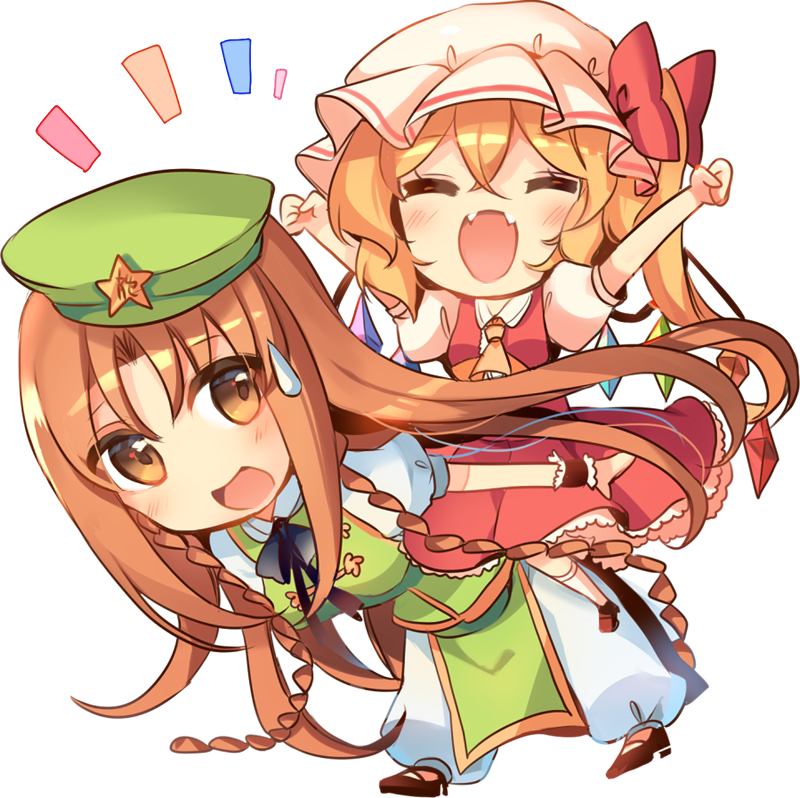 2girls :d ^_^ alternate_eye_color arms_up ascot black_neckwear blonde_hair blush bow braid breasts brown_hair carrying chibi china_dress chinese_clothes closed_eyes crystal dress eyebrows_visible_through_hair eyes_visible_through_hair fangs flandre_scarlet full_body green_dress happy hat hat_bow hong_meiling kirero leaning_forward long_hair looking_back mob_cap multiple_girls no_nose open_mouth pants pants_under_dress piggyback puffy_pants puffy_short_sleeves puffy_sleeves redhead shirt shoes short_hair short_sleeves side_ponytail simple_background skirt skirt_set smile sweatdrop touhou twin_braids very_long_hair white_background white_shirt wings wrist_cuffs yellow_neckwear