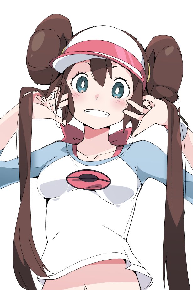 1girl blue_eyes blush brown_hair clenched_teeth double_bun ixy long_hair looking_at_viewer mei_(pokemon) navel pokemon pokemon_(game) pokemon_bw2 simple_background smile solo teeth twintails visor_cap white_background