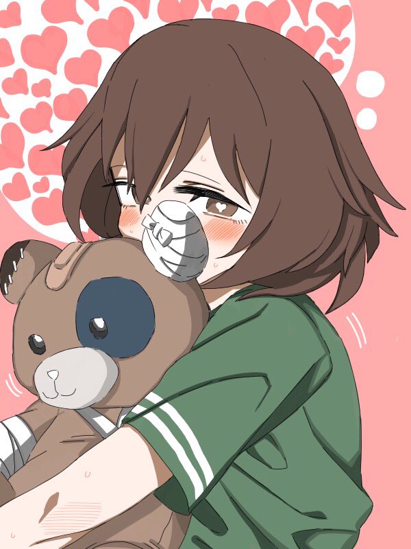 1girl akiyama_yukari bandages bandaid bangs blush boko_(girls_und_panzer) brown_eyes brown_hair casual commentary covered_mouth girls_und_panzer green_shirt half-closed_eyes heart holding holding_stuffed_animal messy_hair motion_lines pink_background ponpei_(ponpeisanda) shirt short_hair short_sleeves solo stuffed_animal stuffed_toy sweat teddy_bear