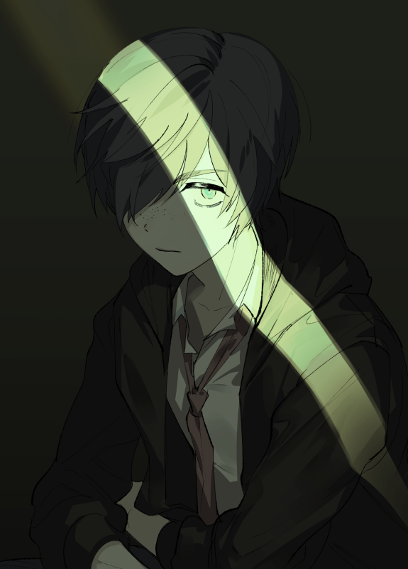 1boy black_jacket freckles green_eyes hair_over_one_eye hood hood_down hooded_jacket jacket kuji_toi light long_sleeves male_focus necktie sarazanmai school_uniform shirt sitting solo totu upper_body white_shirt