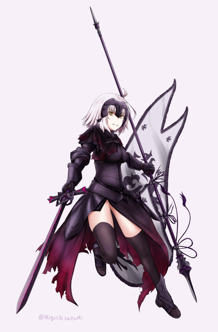 1girl ahoge armor armored_boots armored_dress bangs black_dress black_footwear black_legwear boots breasts brown_eyes chain commentary_request dress eyebrows_visible_through_hair fate/grand_order fate_(series) flag gauntlets grey_background headpiece holding holding_flag holding_sword holding_weapon jeanne_d'arc_(alter)_(fate) jeanne_d'arc_(fate)_(all) medium_breasts panikuru_yuuto parted_lips silver_hair simple_background solo sword thigh-highs v-shaped_eyebrows weapon