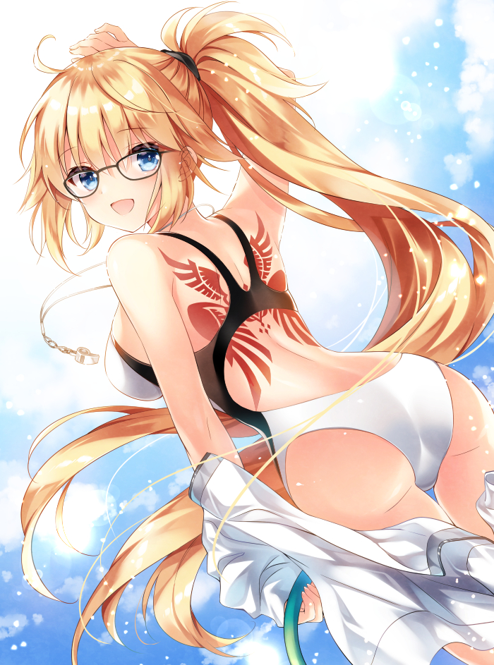 1girl :d ahoge arm_up ass back back_tattoo bare_legs bare_shoulders black-framed_eyewear blonde_hair blue_eyes blue_sky breasts competition_swimsuit day fate/grand_order fate_(series) floating_hair from_behind glasses holding hose jacket jeanne_d'arc_(fate)_(all) jeanne_d'arc_(swimsuit_archer) large_breasts long_hair looking_at_viewer looking_back nogi_takayoshi one-piece_swimsuit open_mouth ponytail shoulder_blades sky smile solo sunlight swimsuit tattoo very_long_hair whistle white_jacket