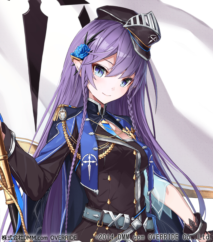 1girl belt black_headwear blue_eyes blue_neckwear blush braid character_request cleavage_cutout epaulettes flower hair_flower hair_ornament hat kanpani_girls long_hair long_sleeves looking_at_viewer necktie official_art pointy_ears purple_hair side_braids sidelocks solo standing takanashi_kei_(hitsujikan) uniform very_long_hair