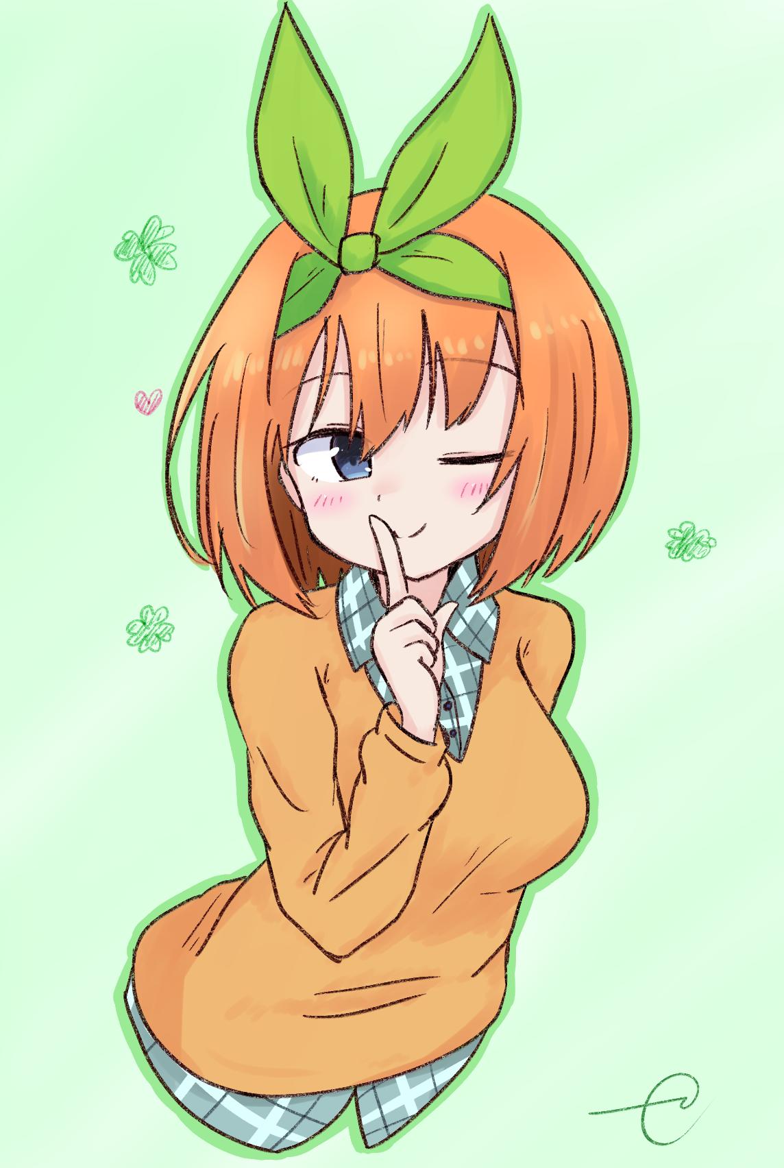 1girl ;) bangs blue_eyes blue_shirt blush brown_hair brown_sweater closed_mouth collared_shirt commentary_request cropped_torso dress_shirt eyebrows_visible_through_hair finger_to_mouth go-toubun_no_hanayome green_background green_outline green_ribbon hair_between_eyes hair_ribbon highres kujou_karasuma nakano_yotsuba one_eye_closed outline plaid plaid_shirt ribbon shirt shushing signature smile solo sweater upper_body