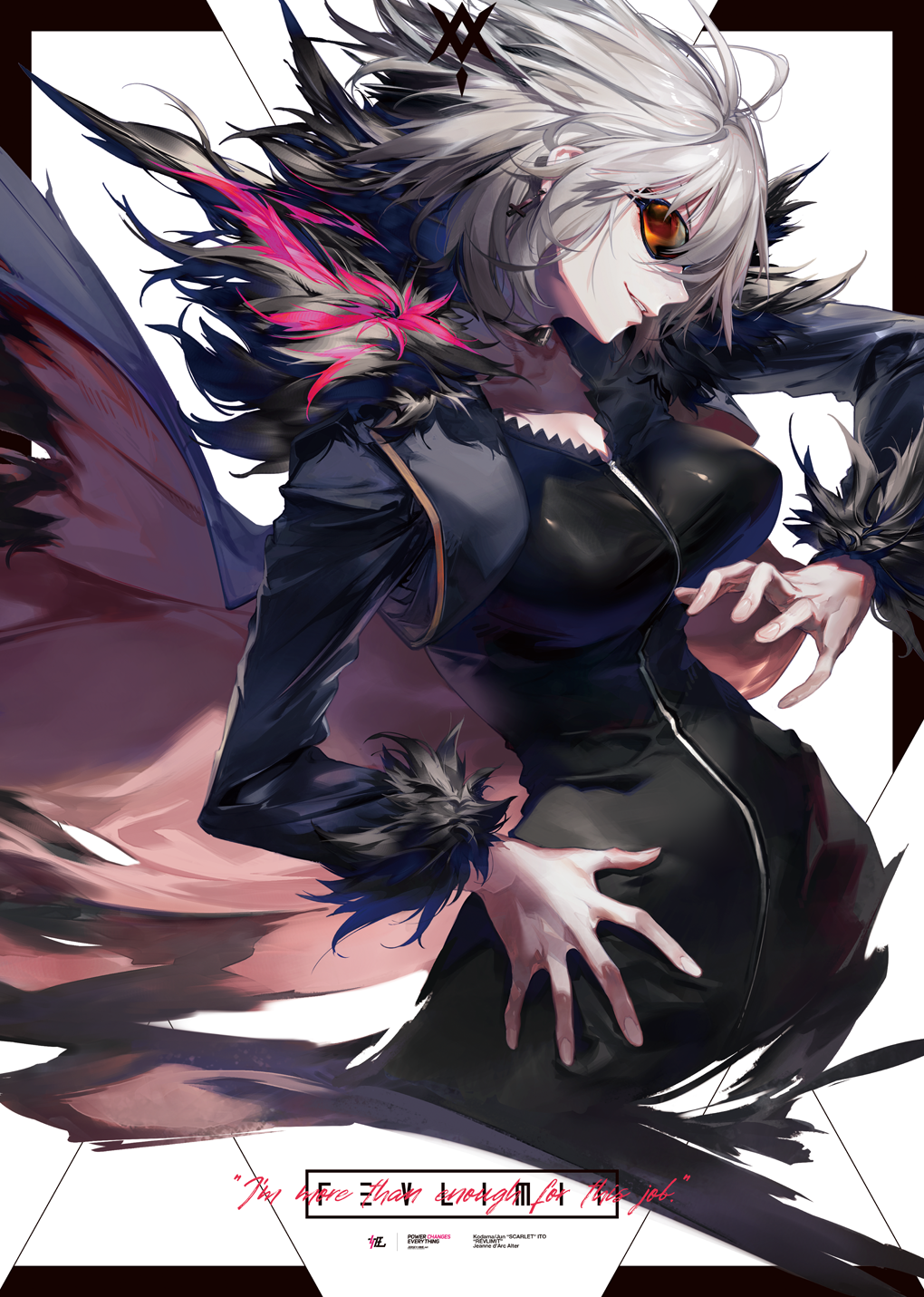 1girl ahoge bangs blue_jacket breasts collarbone cropped_jacket cross cross_earrings dress earrings eyebrows_visible_through_hair fate/apocrypha fate/grand_order fate_(series) floating_hair fur-trimmed_jacket fur_trim grin hand_on_hip hand_up highres jacket jeanne_d'arc_(alter)_(fate) jeanne_d'arc_(fate) jeanne_d'arc_(fate)_(all) jewelry kodama_(wa-ka-me) large_breasts looking_afar short_hair sidelocks silver_hair smile solo sunglasses tinted_eyewear wind wind_lift yellow_eyes