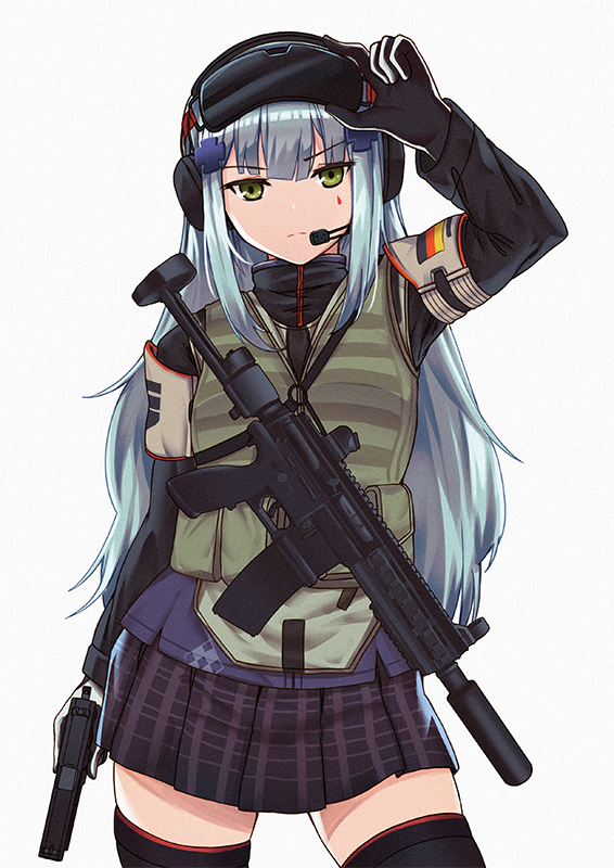 1girl alternate_costume assault_rifle bangs black_gloves blue_hair blunt_bangs closed_mouth eyebrows_visible_through_hair facial_mark girls_frontline gloves green_eyes gun h&amp;k_hk416 hair_ornament headset hk416_(girls_frontline) long_hair long_sleeves looking_at_viewer parody persocon93 pleated_skirt pouch rainbow_six_siege rifle simple_background skirt solo teardrop thigh-highs vest weapon white_background