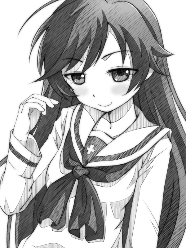 1girl ahoge bangs blouse closed_mouth commentary eyebrows_visible_through_hair girls_und_panzer gofu greyscale half-closed_eyes hand_in_hair isuzu_hana long_hair long_sleeves looking_at_viewer monochrome neckerchief ooarai_school_uniform school_uniform serafuku smile solo traditional_media