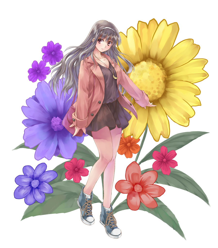 1girl bag coat flower hairband idolmaster jewelry long_hair minasato_hibiki necklace pendant shijou_takane shoes silver_hair skirt smile solo