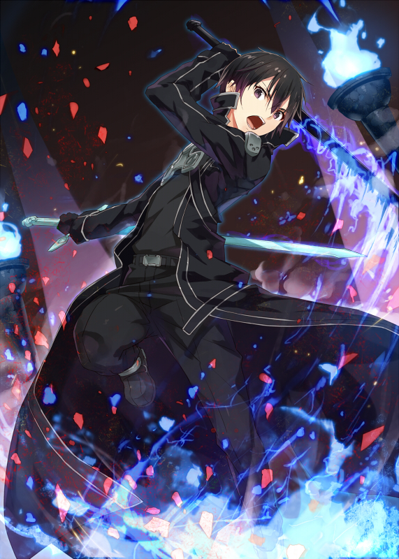 1boy belt belt_buckle black_belt black_eyes black_footwear black_gloves black_hair black_pants black_shirt blue_coat boots buckle dual_wielding fingerless_gloves gabiran gloves holding holding_sword holding_weapon kirito long_sleeves looking_at_viewer male_focus open_mouth pants shirt solo sword sword_art_online weapon