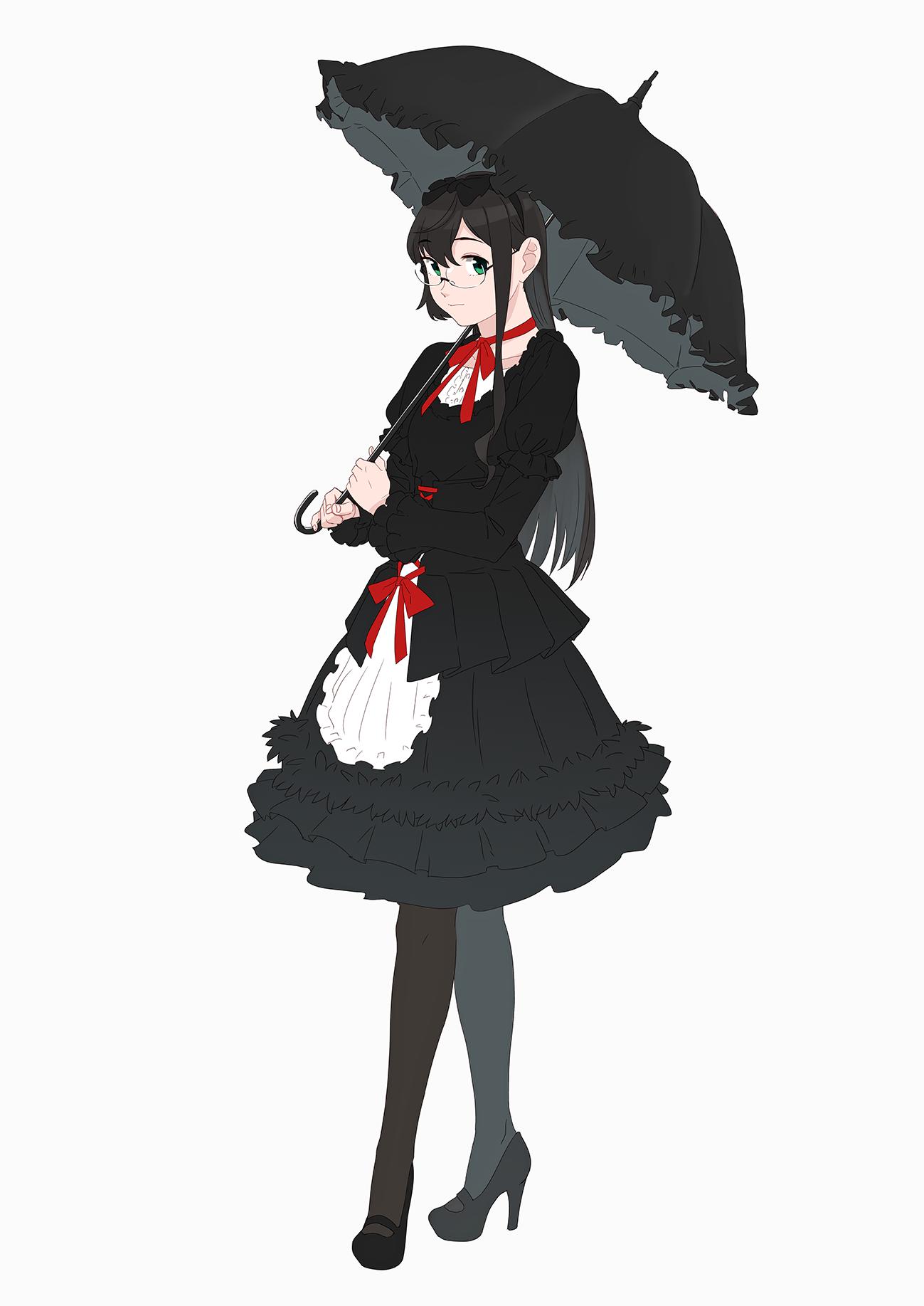 1girl alternate_costume bangs black_dress black_hair black_hairband black_legwear bow closed_mouth collarbone commentary_request dress eyebrows_visible_through_hair frilled_dress frills glasses green_eyes hair_between_eyes hairband high_heels highres holding holding_umbrella kantai_collection long_hair long_sleeves looking_at_viewer ojipon ooyodo_(kantai_collection) pantyhose red_neckwear semi-rimless_eyewear simple_background solo standing umbrella under-rim_eyewear white_background