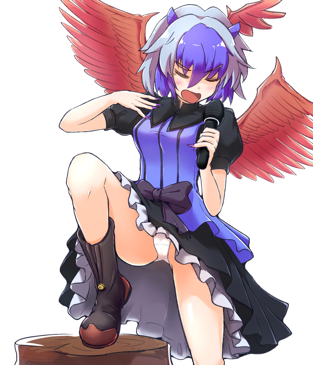 1girl bangs black_bow black_dress black_footwear blouse blue_blouse blue_hair blush boots bow breasts closed_eyes commentary_request dress eyebrows_visible_through_hair feathered_wings feet_out_of_frame fingernails hair_between_eyes hands_up head_wings highres holding holding_microphone horns knee_up medium_breasts microphone multicolored_hair nail_polish open_mouth panties pantyshot petticoat puffy_short_sleeves puffy_sleeves purple_nails red_wings sharp_fingernails short_hair short_sleeves silver_hair simple_background solo striped tada_no_nasu thighs tokiko_(touhou) touhou tree_stump two-tone_hair underwear v-shaped_eyebrows vertical_stripes white_background white_panties wings