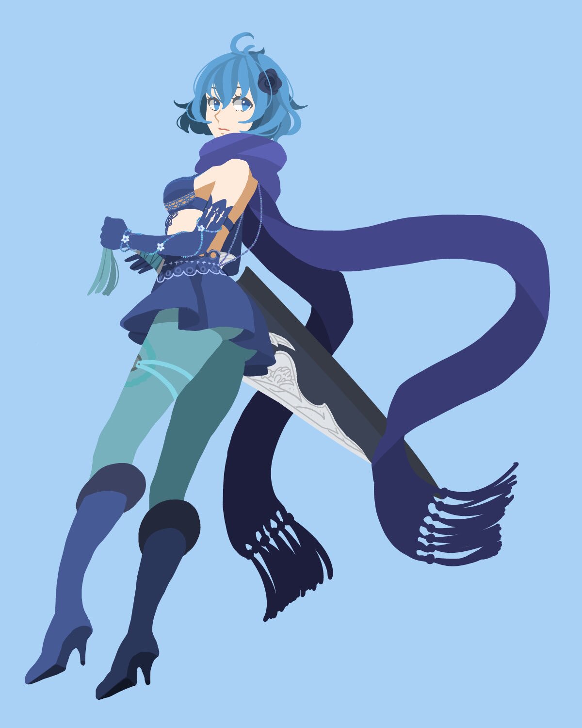 1girl aqua_legwear bangs black_flower blue_background blue_eyes blue_hair boots closed_mouth drag-on_dragoon drag-on_dragoon_3 elbow_gloves eyebrows_visible_through_hair flower gloves gradient gradient_background hair_between_eyes hair_flower hair_ornament high_heel_boots high_heels highres holding holding_sword holding_weapon pantyhose purple_footwear purple_gloves purple_scarf scarf short_hair solo sword toufu_(toufu_53) two_(drag-on_dragoon) weapon