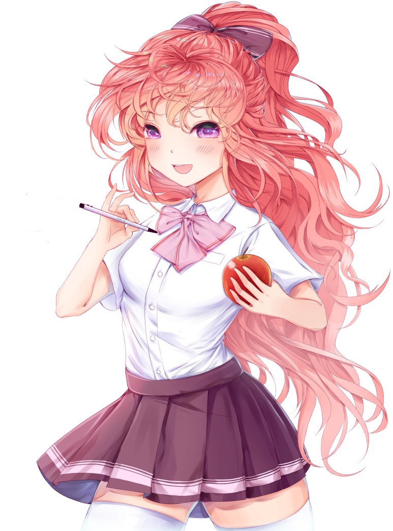 1girl :d apple bad_proportions black_skirt blush bow food fruit hair_bow jilo long_hair looking_at_viewer open_mouth pen pen-pineapple-apple-pen pink_bow pink_hair pleated_skirt school_uniform shirt short_sleeves simple_background skirt smile solo standing thigh-highs very_long_hair violet_eyes wavy_hair white_background white_legwear white_shirt