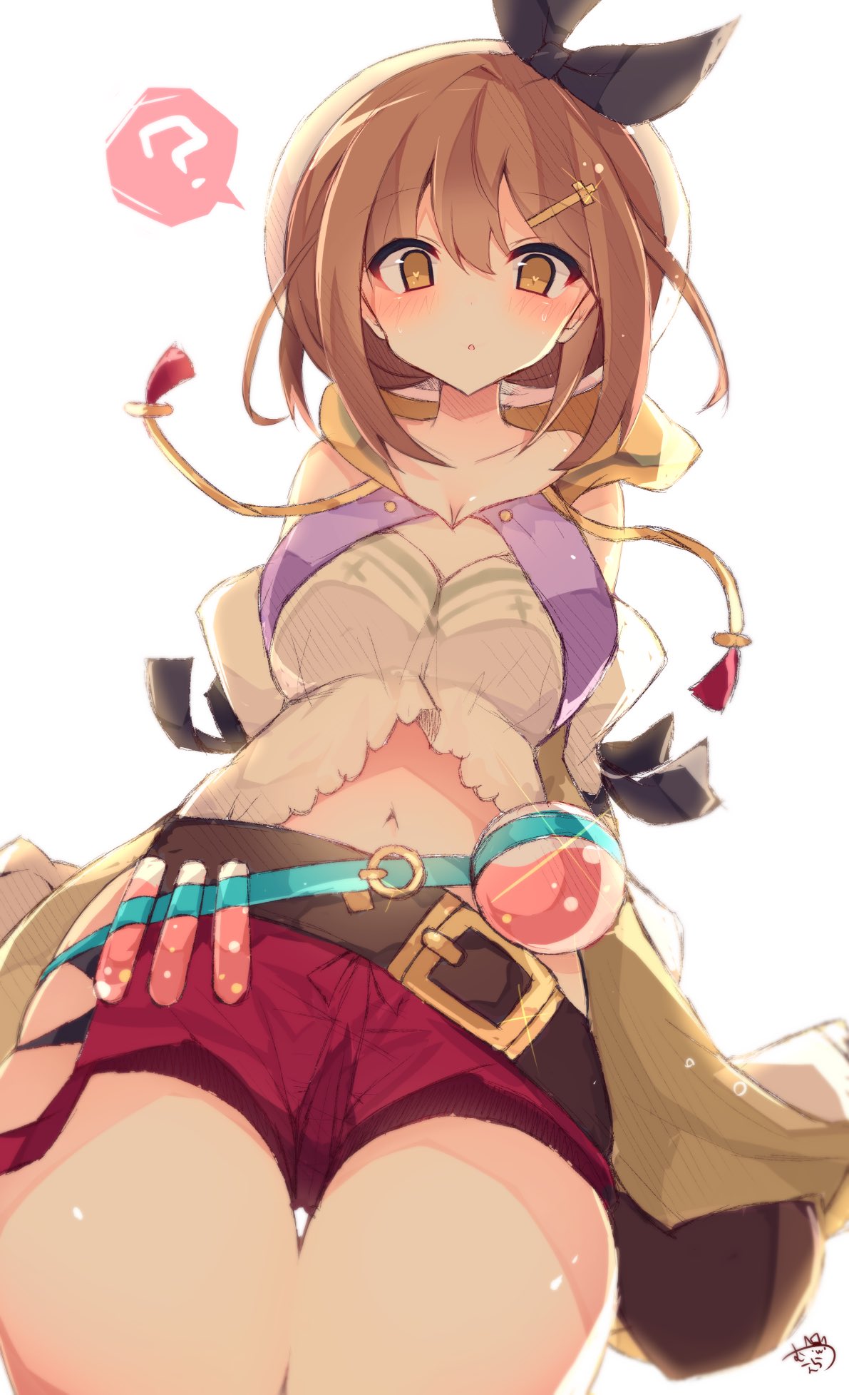 1girl :o ? arms_behind_back atelier_(series) atelier_ryza blush brown_hair collarbone eye_contact from_below hair_between_eyes hair_ornament hairpin highres looking_at_another looking_at_viewer looking_down muuran navel potion reisalin_stout shorts simple_background solo thigh_gap thighs white_background