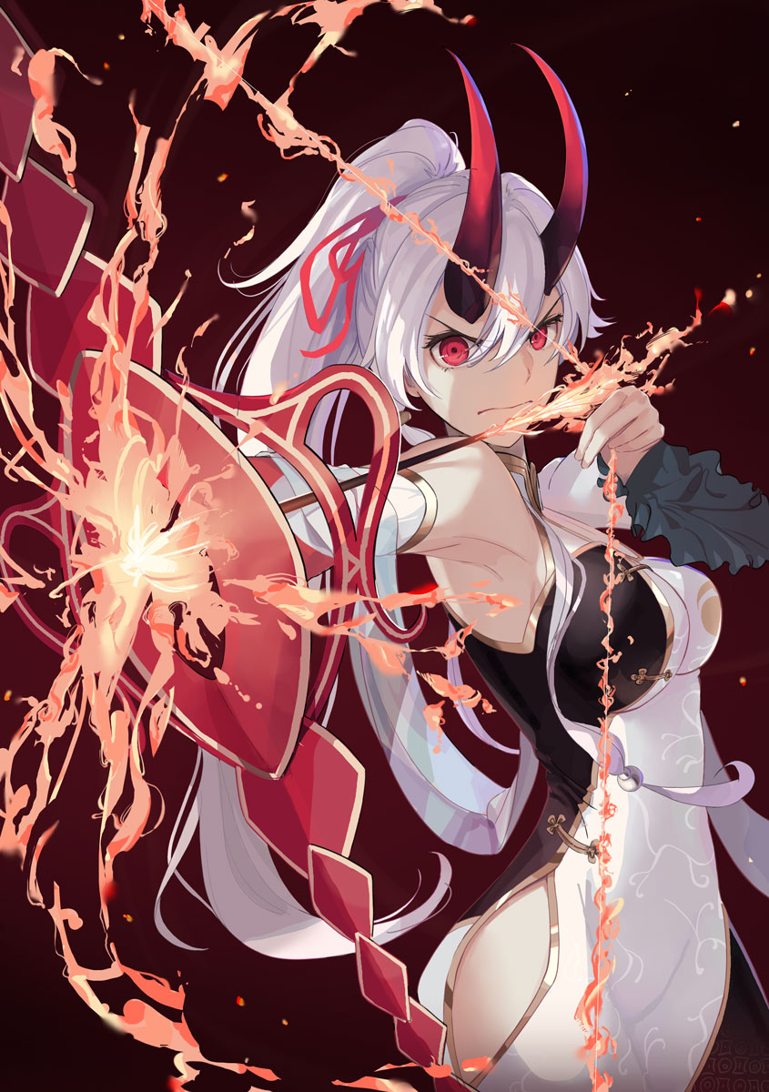 1girl bow_(weapon) china_dress chinese_clothes detached_sleeves drawing_bow dress fate/grand_order fate_(series) flaming_arrow heroic_spirit_traveling_outfit highres kodamazon oni_horns ponytail red_eyes side_slit silver_hair tomoe_gozen_(fate/grand_order) weapon