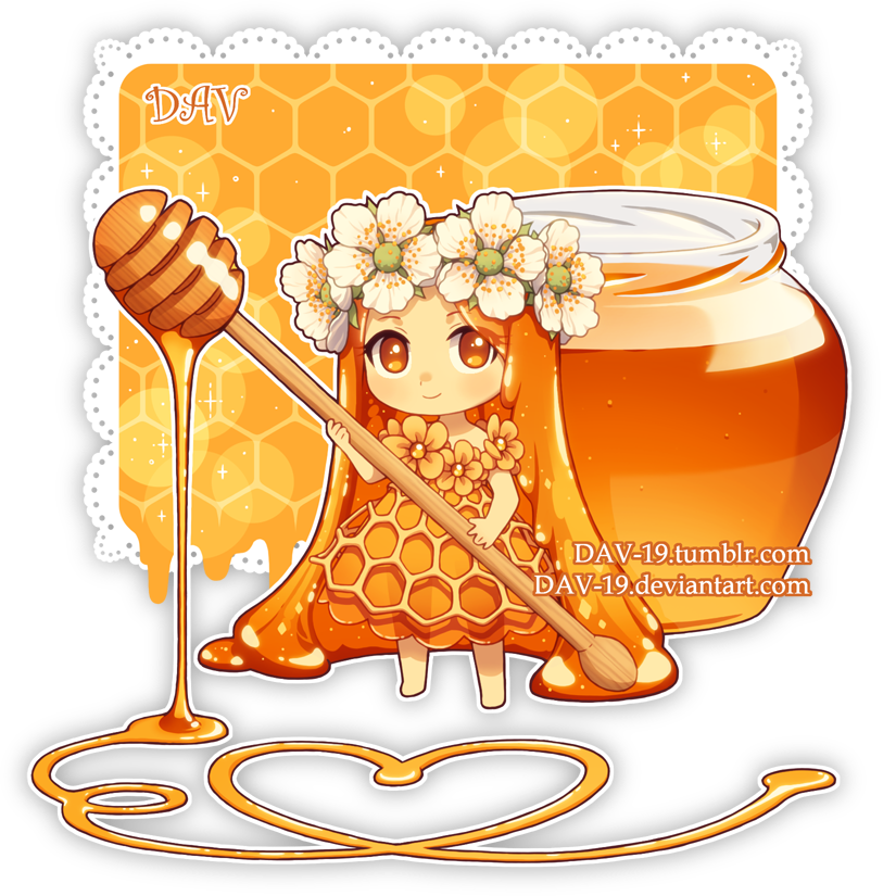 1girl artist_name bangs bare_arms barefoot chibi closed_mouth commentary dav-19 dress flower food_themed_clothes forehead hair_flower hair_ornament holding honey jar lace_background long_hair looking_at_viewer orange_dress orange_flower orange_hair original parted_bangs personification smile solo transparent_background very_long_hair watermark web_address white_flower