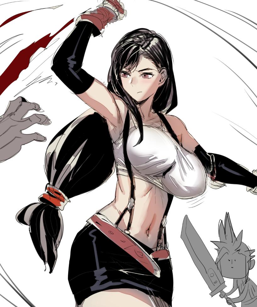 1girl black_hair black_skirt bow_(bhp) breasts brown_eyes buster_sword closed_mouth cloud_strife commentary_request elbow_gloves final_fantasy final_fantasy_vii fingerless_gloves gloves large_breasts long_hair low-tied_long_hair midriff miniskirt navel pencil_skirt punching red_gloves shirt skirt spiky_hair suspender_skirt suspenders tank_top taut_clothes taut_shirt tifa_lockhart uppercut