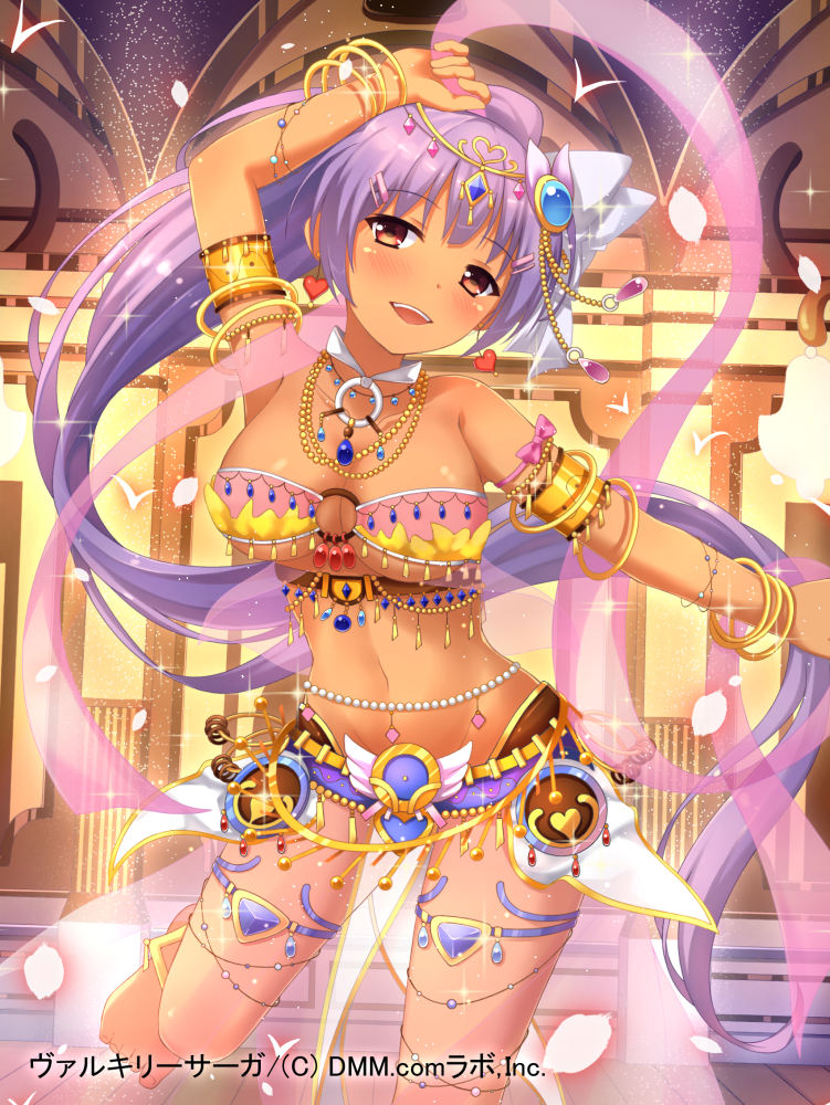 1girl arm_up armpits belly_chain breasts dai_seisen!_valkyrie_saga dancer dark_skin earrings jewelry large_breasts long_hair navel necklace official_art original ponytail purple_hair red_eyes revealing_clothes smile solo suzuame_yatsumi very_long_hair